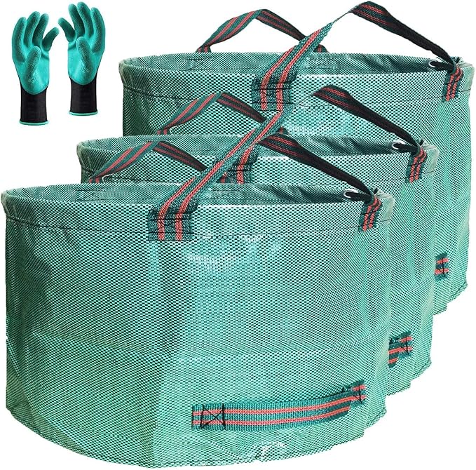 Standard 3-Pack 46 Gallon Yard Garden Bags (D26, H19 inch) W/Garden Gloves for Leaf Bags,Yard Waste Bags,Camping Waste Bin,Recycling Bag,Laundry Bag,Lawn Debris,Grass Clippings,Weeds Barrel 4 Handles