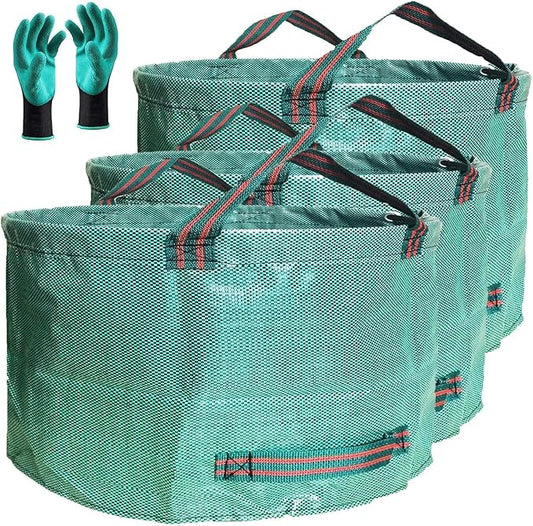 Standard 3-Pack 46 Gallon Yard Garden Bags (D26, H19 inch) W/Garden Gloves for Leaf Bags,Yard Waste Bags,Camping Waste Bin,Recycling Bag,Laundry Bag,Lawn Debris,Grass Clippings,Weeds Barrel 4 Handles