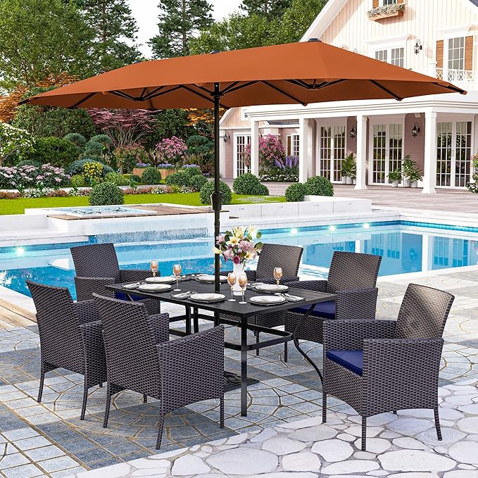 PHI VILLA 7 Piece Outdoor Dining Set with Umbrella, 60” Rectangular Metal Dining Table & 6 Cushioned Rattan Wicker Chairs & 13ft Large Red Umbrella for Patio, Deck, Yard, Porch