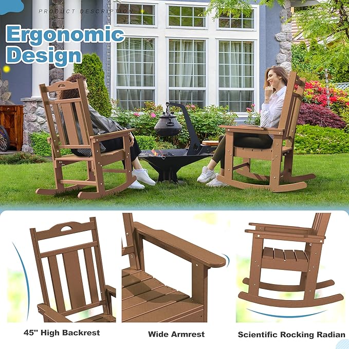 nalone Outdoor Rocking Chair, Oversized Porch Rocker Chair for Adult, All-Weather Resistant Patio Rocking Chair for Garden Lawn (Teak)