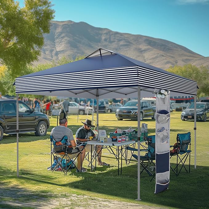 MFSTUDIO Pop Up Canopy Tent, 10x10 Outdoor Canopies One Person Push Set Up Tent Instant Portable Shelter Tents with Vented Top, Storage, 4 Sandbags, Beach Canopy,Blue Stripe