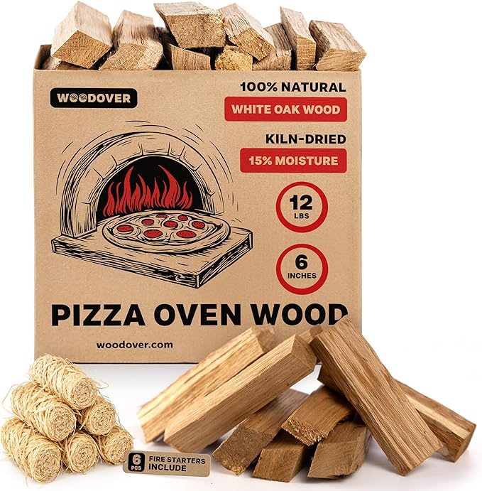 Pizza Oven Wood with Fire Starters, 12 lbs Kiln-Dried White Oak Logs (6 Inch) for Ooni, Solo Stove, Gozney – Low Smoke, Clean Split Firewood for Outdoor Cooking & Wood-Fired Pizza, Approx 800 cub.in.