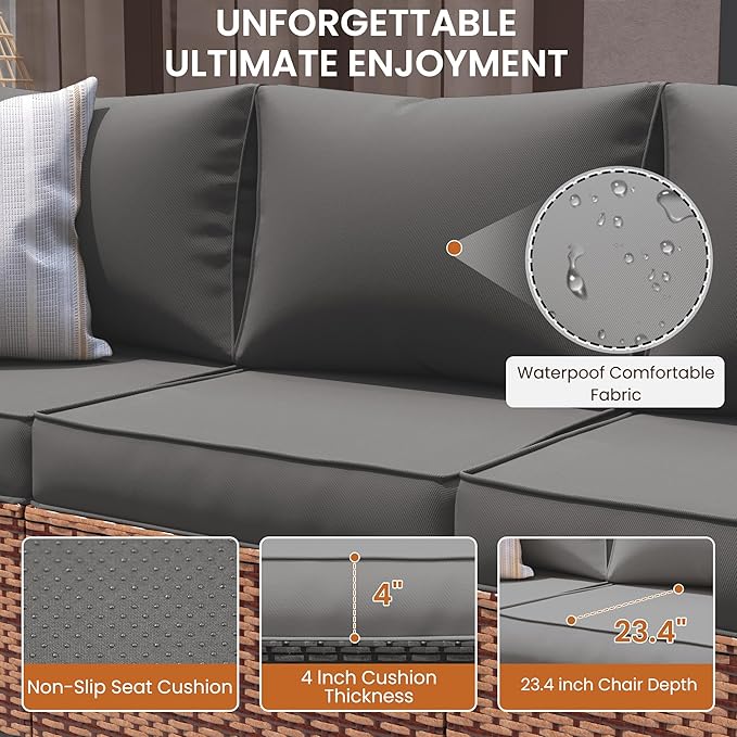 UDPATIO Patio Furniture Set with 44" Fire Pit Table, 6 Pieces Outdoor Conversation Sectional Furniture Sets Wicker Rattan Outdoor Sofa Ottoman with Waterproof Covers for Porch Deck Backyard Grey