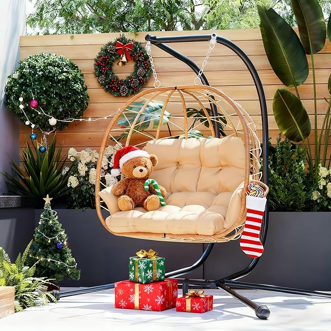 Pamapic 700 LBS Double Egg Chair Outdoor, UV Resistant Cushions Hanging Egg Chair with Armrests & Headrest, Thick Steel Frame Egg Swing Chair with Stand, for Relaxing & Reading Outside/Inside(Beige)