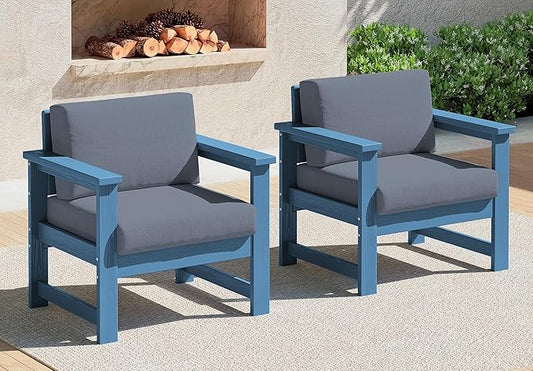 SERWALL 2 Pieces Single Cushioned Lounge Chair, Blue HDPE Outdoor Adirondack Sofa Armchair with Grey Cushion