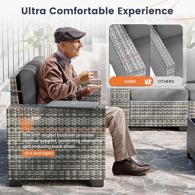 UDPATIO Patio Furniture Set with Fire Pit Table, 8 Inch Armrest Outdoor Sectional Sofa, 7 Piece Wicker Outdoor Furniture Conversation Sets with Waterproof Cover for Backyard Deck(Grey/Dark Grey)