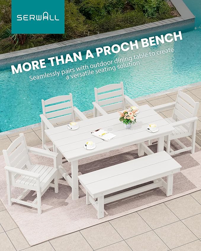 SERWALL 2-Person Outdoor Bench Backless, HDPE Outdoor Benches Weatherproof, 700 Lbs Weight Capacity, Poly Lumber Patio Furniture for Garden, Porch and Park, White, 2 Pack