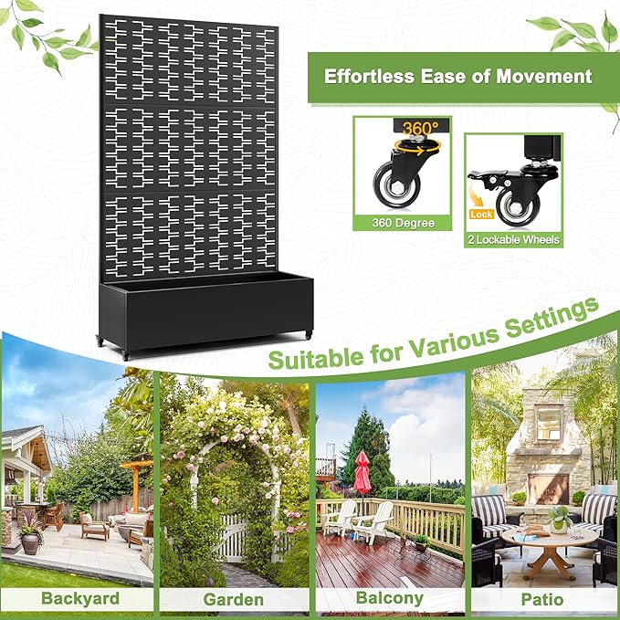 FENCY Metal Raised Garden Bed with Wheels and Trellis,73"x47"x16" Planter Box for Climbing Plants, Vegetables & Vines, Features Privacy Screen and Drainage Holes (Black-Brick)