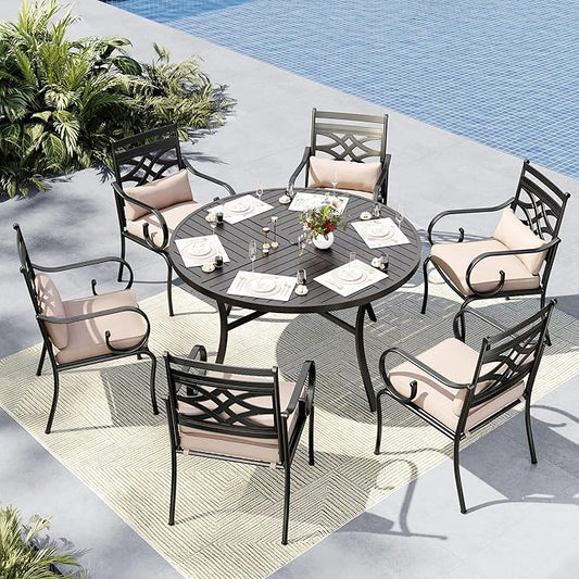 MFSTUDIO Patio Dining Sets for 6, Round Patio Table and Chairs Set, 7 Piece Outdoor Dining Set with Umbrella Hole, Outdoor Patio Furniture Set for Deck Backyard Garden