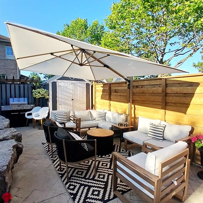 PURPLE LEAF 9' x 12’ Rectangle Patio Cantilever Umbrella Large Hanging Umbrella Teak Finished Aluminum Frame Windproof Offset Outdoor Sun Umbrellas for Beach Pool Deck, Cream