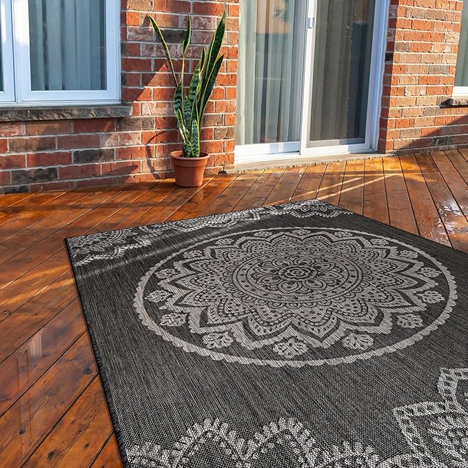 CAMILSON Outdoor Rug 9x12 Modern Area Rugs for Large Indoor and Outdoor Patios and Porches - Washable, Non-Shedding, Easy-to-Clean Outside Carpet (9 x 12, Medallion - Dark Grey/Light Grey)