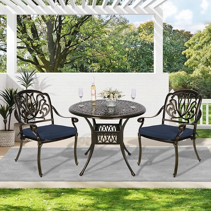 MEETWARM 3 Piece Patio Bistro Set, Outdoor All-Weather Cast Aluminum Dining Furniture Set Includes 2 Cushioned Chairs and a 35.4” Round Table with Umbrella Hole for Garden Deck, Navy Blue