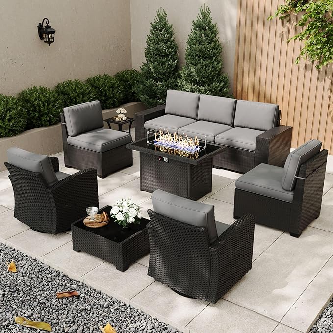 Patio Furniture Set with Fire Pit Table, 10 Pieces Outdoor All-Weather Wicker Conversation Sectional Chair Sofa Set with 2 Swivel Chairs
