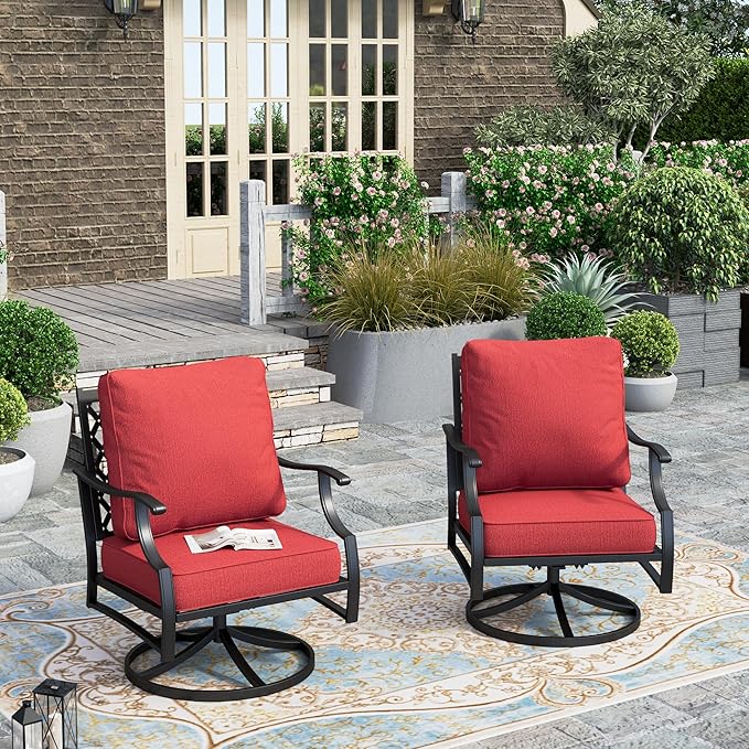 HERA'S HOUSE Outdoor Chairs Set of 2, 2 x Patio Chair with Red Cushions, All Weather Outdoor Furniture for Lawn Garden Backyard Deck(Swivel Chairs)