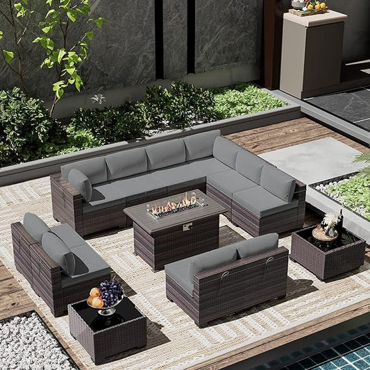 Outdoor Patio Furniture Set with Gas Fire Pit Table, 13 Pieces Outdoor Furniture Set Patio Sectional Sofa w/43in 55000 BTU Propane Fire Pit, PE Wicker Rattan Patio Conversation Sets - Grey.