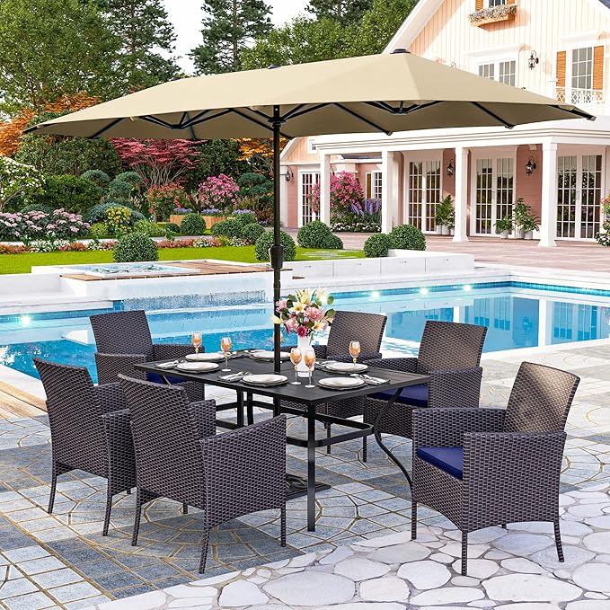 PHI VILLA 7 Piece Outdoor Dining Set with Umbrella, 60” Rectangular Metal Dining Table & 6 Cushioned Rattan Wicker Chairs & 13ft Large Beige Umbrella for Patio, Deck, Yard, Porch
