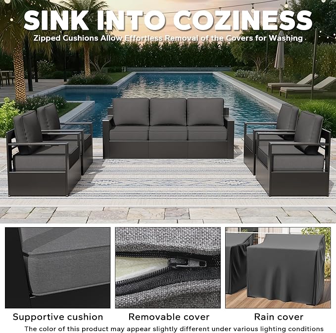 Aluminum Outdoor Conversation Furniture Set - All Weather Patio 79" Sofa with 4 Armchairs, 6" Water-Resistant Cushions & Furniture Covers & Metal Armrest for Deck Porch (Grey)