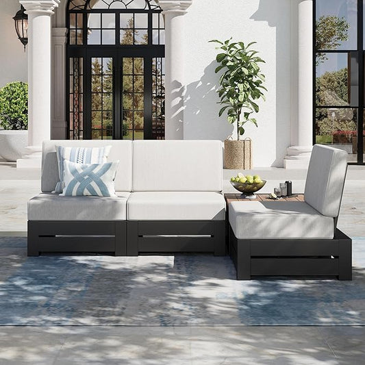 Upgraded 4 Piece Metal Patio Sectional Furniture Set with 5.9" Thick Cushion, Outdoor Furniture Conversation Set with Coffee Table, Patio Modular L Shape Sofa for Backyard Deck Outside