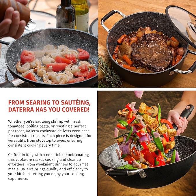 DaTerra Cucina Nonstick Family Bundle – 13" Frying Pan, 13" Wok with Lid, 8 Qt Dutch Oven with Lid – Oven Safe, Ceramic Nonstick, PTFE & PFOA Free – Made in Italy, Volcanic Black Speckled