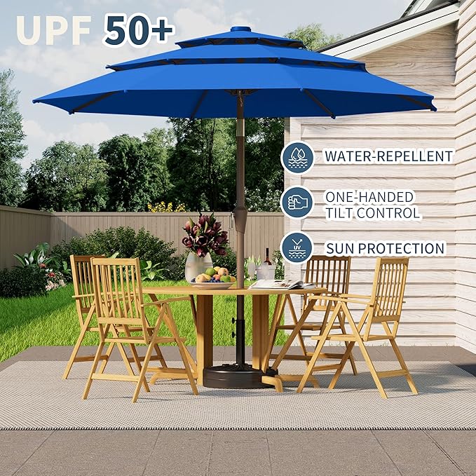 9FT 3 Tiers Patio Umbrella With Auto Tilt and Crank, Outdoor Table Market Umbrella with 8 Sturdy Ribs for Garden,Lawn,Deck,Backyard and Pool,Royal Blue