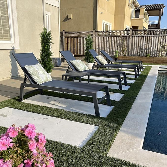 PURPLE LEAF Patio Chaise Lounge Set for 2 Outdoor Chaise Lounge Chair with Aluminum Frame and Wheels Pool Lounge Chairs for Deck Yard Poolside Table Included, Dark Grey
