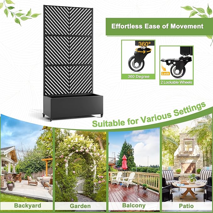 FENCY Metal Raised Garden Bed with Wheels and Trellis,73"x35"x16" Planter Box for Climbing Plants, Vegetables & Vines, Features Privacy Screen and Drainage Holes (Black-Arrow)