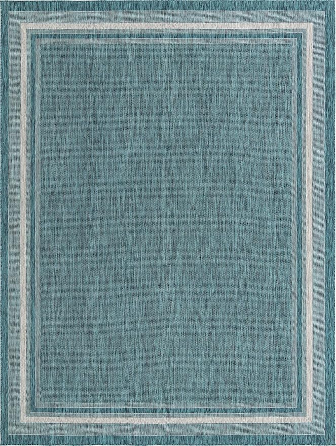 Unique Loom Outdoor Border Collection Area Rug - Soft Border (10'x 13' Rectangle, Teal/ Ivory)