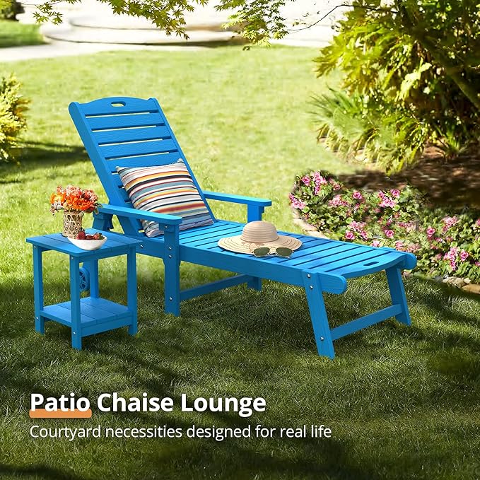LUE BONA Chaise Lounge Chairs Set with Table, 6-Piece, 79'' Oversized HDPS Chaise Lounger, 5 Positions Adjustable Lounge Chairs, Pool Lounge Chair with Wheels for Poolside, 3 Year Warranty, Blue