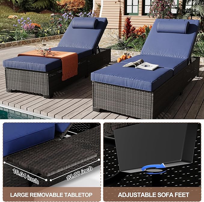 Outdoor PE Wicker Chaise Lounge Chairs, Set of 2, Modern Style, Blue, Rattan & Steel Frame, Adjustable Backrest, Comfortable Cushion & Head Pillow, Side Shelving, Indoor/Outdoor Use