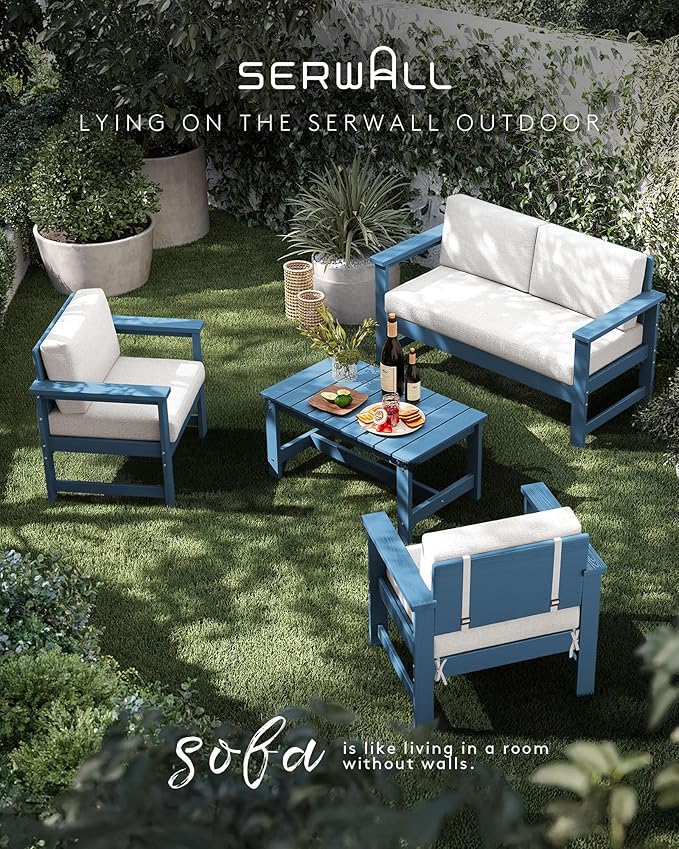 SERWALL Blue HDPE Outdoor Loveseat with Khaki Cushions