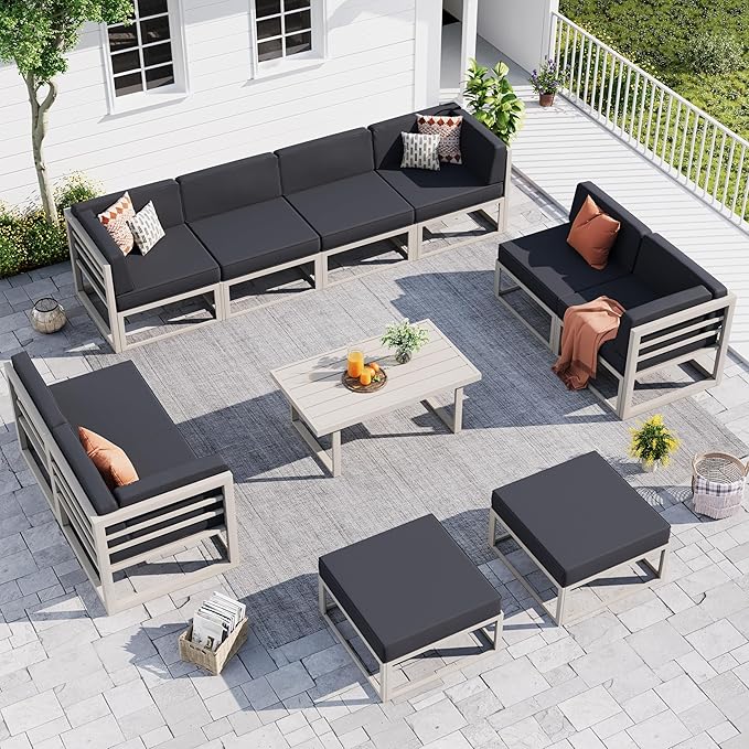 UDPATIO Aluminum Patio Furniture Set, Modular Oversized Outdoor Sectional of Olefin 5 inch Thick Cushion, Coffee Table and Waterproof Cover, Patio Conversation Sets for Porch, Deck