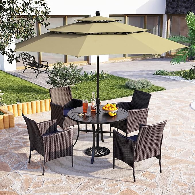 PHI VILLA 5 Piece Outdoor Dining Set with Umbrella for 4, Round Metal Steel Dining Table & Wicker Chairs with Cushions & Beige Umbrella, Modern Furniture for Patio, Deck, Yard, Porch