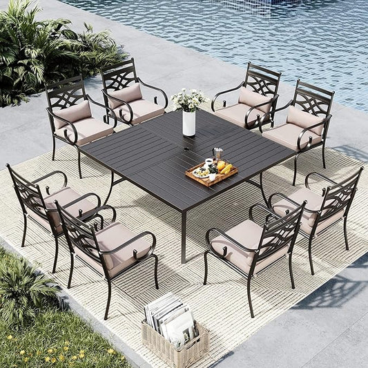 MFSTUDIO Patio Dining Sets for 8, Patio Table and Chairs Set with Umbrella Hole, Patio Furniture Set with Square Table, 9 Piece Outdoor Dining Set for Deck, Poolside, Backyard, Garden