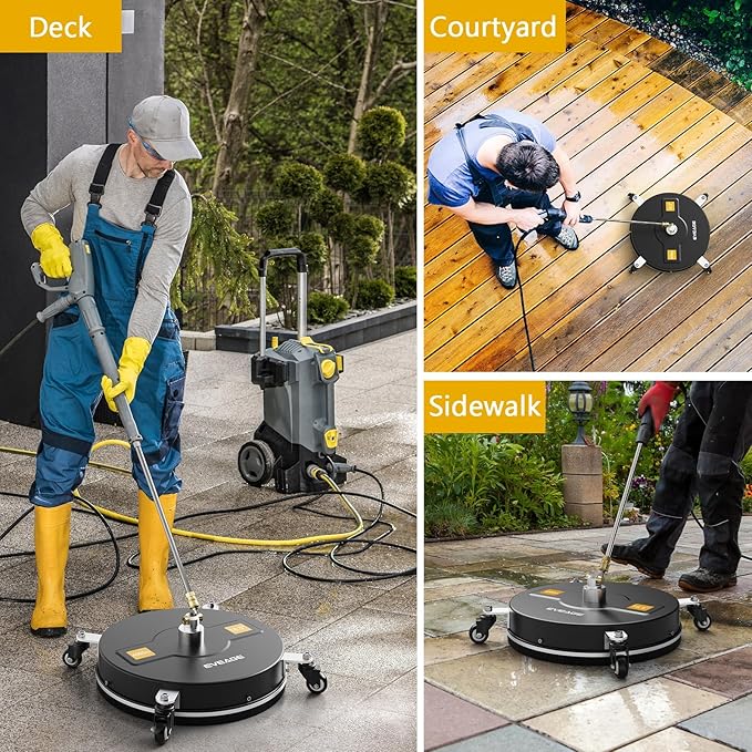 EVEAGE 16.5" Black Pressure Washer Surface Cleaner, Stainless Steel Power Washer Surface Cleaner w/Extension Wand, Wheels 4 and Replacement Nozzle -Powerful Pressure Washer Attachment(16.5 Black)