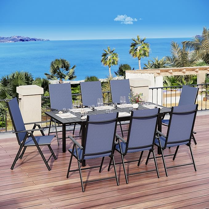MFSTUDIO Patio Folding Chairs Set of 8, Outdoor Patio Dining Chairs, Portable Blue Sling Patio Chairs, 7 Levels Adjustable Sling Back Chairs for Backyard Lawn Garden
