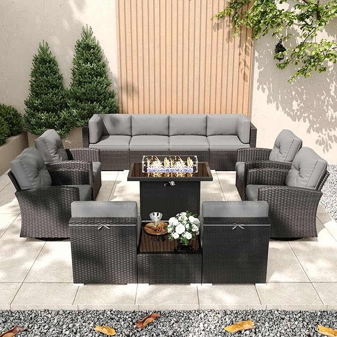 Patio Furniture Set with Fire Pit Table, 12 Pieces Outdoor All-Weather Wicker Conversation Sectional Chair Sofa Set with 4 Swivel Chairs