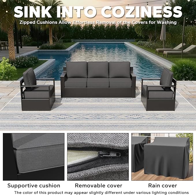 Aluminum Patio 79" Sofa Set with 2 Armchairs, All Weather Outdoor Conversation Furniture Set with Metal Armrest & 6" Water-Resistant Cushions & Furniture Covers for Deck Porch (Grey)