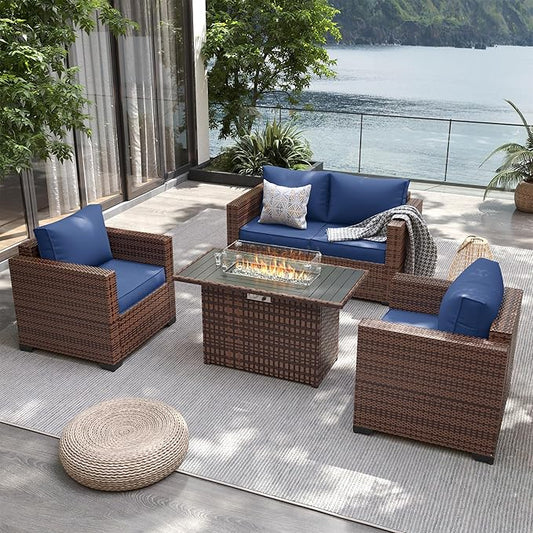 UDPATIO Patio Furniture Set with 44" Fire Pit Table, 4 Pieces Outdoor Furniture Sets, Wicker Rattan Patio Conversation Sets with Outdoor Sofa Waterproof Covers for Porch Deck Backyard, Blue