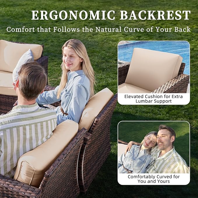 UDPATIO Patio Furniture Set, 6 Pieces Outdoor Furniture Sets with Rocking Swivel Chairs, Wicker Rattan Outdoor Conversation Set with Storage Table and Waterproof Covers for Backyard Deck Porch, Khaki