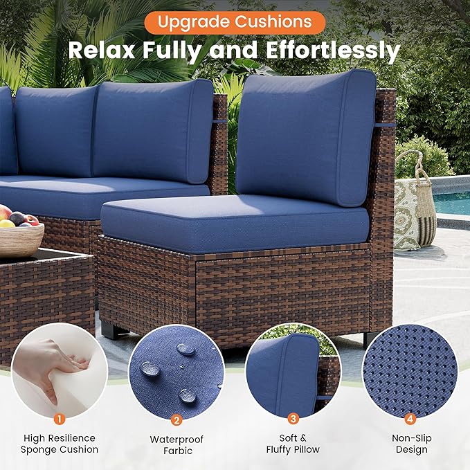 UDPATIO Patio Furniture Set with Fire Pit Table, 8 Inch Armrest Outdoor Sectional Sofa, 7 Piece Wicker Outdoor Furniture Conversation Sets with Waterproof Cover for Backyard Deck(Brown/Navy Blue)