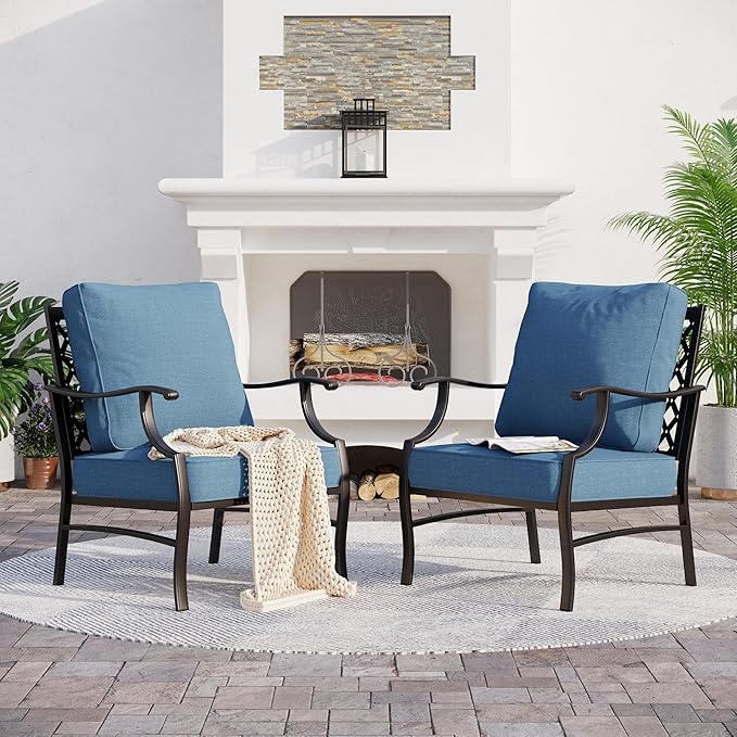Metal Patio Chairs Set of 2 with 5.75" Extra Thick Cushion, 2 Pieces High Back Outdoor Patio Chairs All Weather Outdoor Furniture Seating for Deck Backyard Front Porch, Denim Blue
