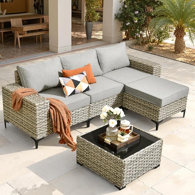 ovios 5 Pieces Patio Furniture Set Outdoor Sectional Sofa Couch with Deep Seat Chaise Comfy Cushions, Modern Modular Wicker Rattan Conversation Set Porch Deck Garden, Dark Grey