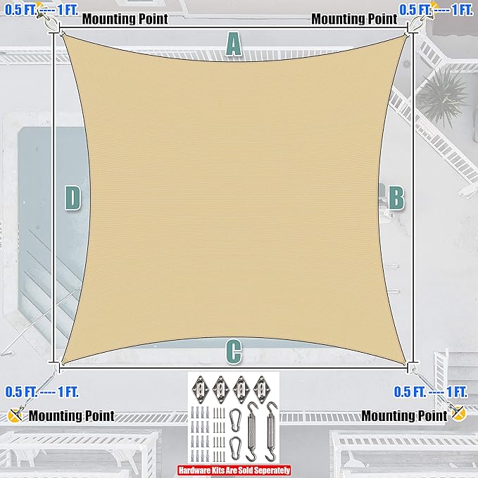 Amgo Custom Size 9' x 24' Beige Rectangle Square Sun Shade Sail UPF50+ AGTAPR1620, Order to Make Canopy Awning, 95% UV Blockage, Water & Air Permeable, Commercial and Residential (We Customize)