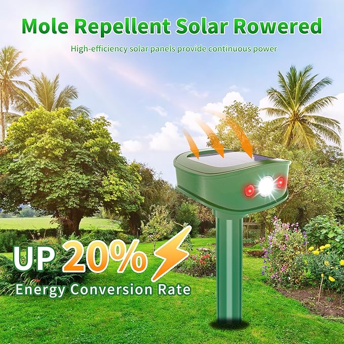 4 Pack Upgraded Mole Repellent Solar Powered with Flash Light, IP65 Waterproof Gopher Repellent Ultrasonic for Snake, Gopher, Vole, Raccoon, Squirrel, Rabbit and Rodent, Ideal for Yard and Lawn