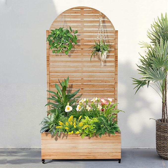 FENCY Metal Raised Garden Bed with Wheels and Trellis,Arched 73"x35"x16" Planter Box for Climbing Plants, Vegetables & Vines, Features Privacy Screen and Drainage Holes (Acacia Wood Finish)