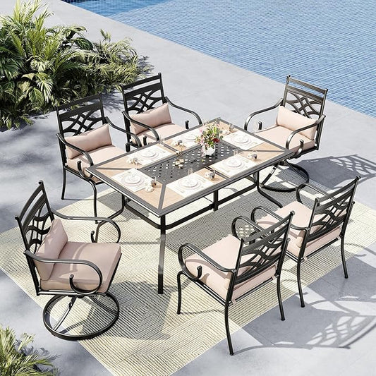 MFSTUDIO Patio Table and Chairs Set, Outdoor Dining Set for 6 with Umbrella Hole, Patio Dining Sets with Cushioned Chairs, 7 Piece Outdoor Patio Furniture Set for Deck Backyard Garden