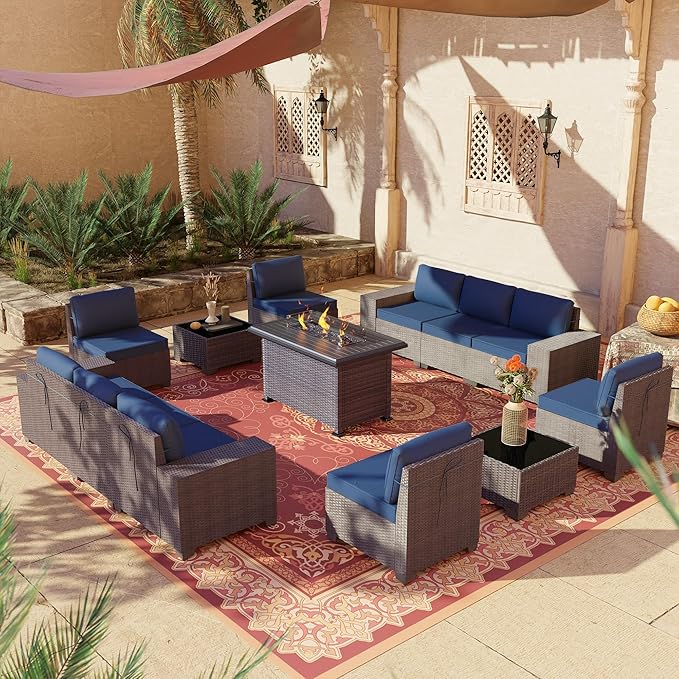 Outdoor Patio Furniture Set with Propane Fire Pit Table, 13 Pieces Outdoor Furniture Patio Sectional Sofa Conversation Sets w/ETL Approved 43" Gas Outdoor Fire Table & Coffee Table(Dark Blue)