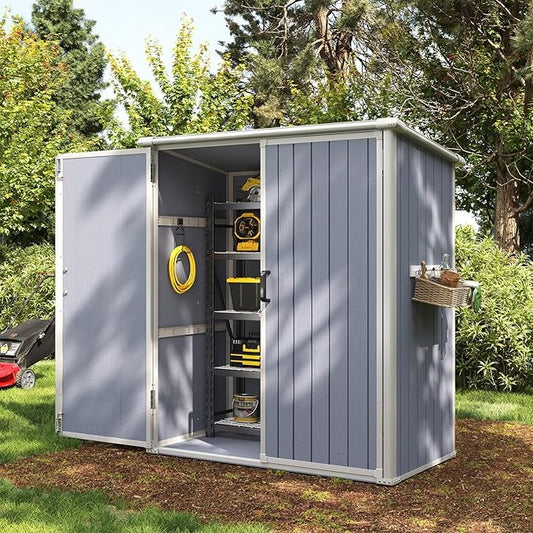 Aoxun 5 x 3 FT Outdoor Storage Shed, Resin Shed with Floor & Lockable Doors, Small Garden Shed Waterproof Plastic Tool Shed with Sloped Roof for Backyard, Garden, Patio, Lawn, Grey