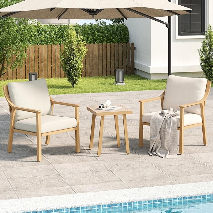 3-Piece Patio Conversation Bistro Sets, Outdoor Aluminum Bistro Sets with Thick Cushion, Modern Side Table and Chairs Set of 2, Rustproof and Waterproof for Porch Deck Garden, Beige