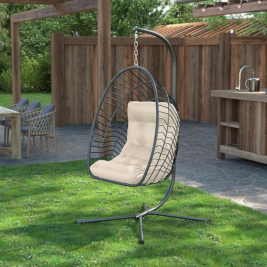 Kingdura Hanging Egg Chair with Stand Indoor Outdoor, Foldable Rattan Wicker Hammock Egg Swing Chair for Bedroom Porch Patio Garden, Thickened Cushion, 350LBS Capacity, Heavy Duty Frame